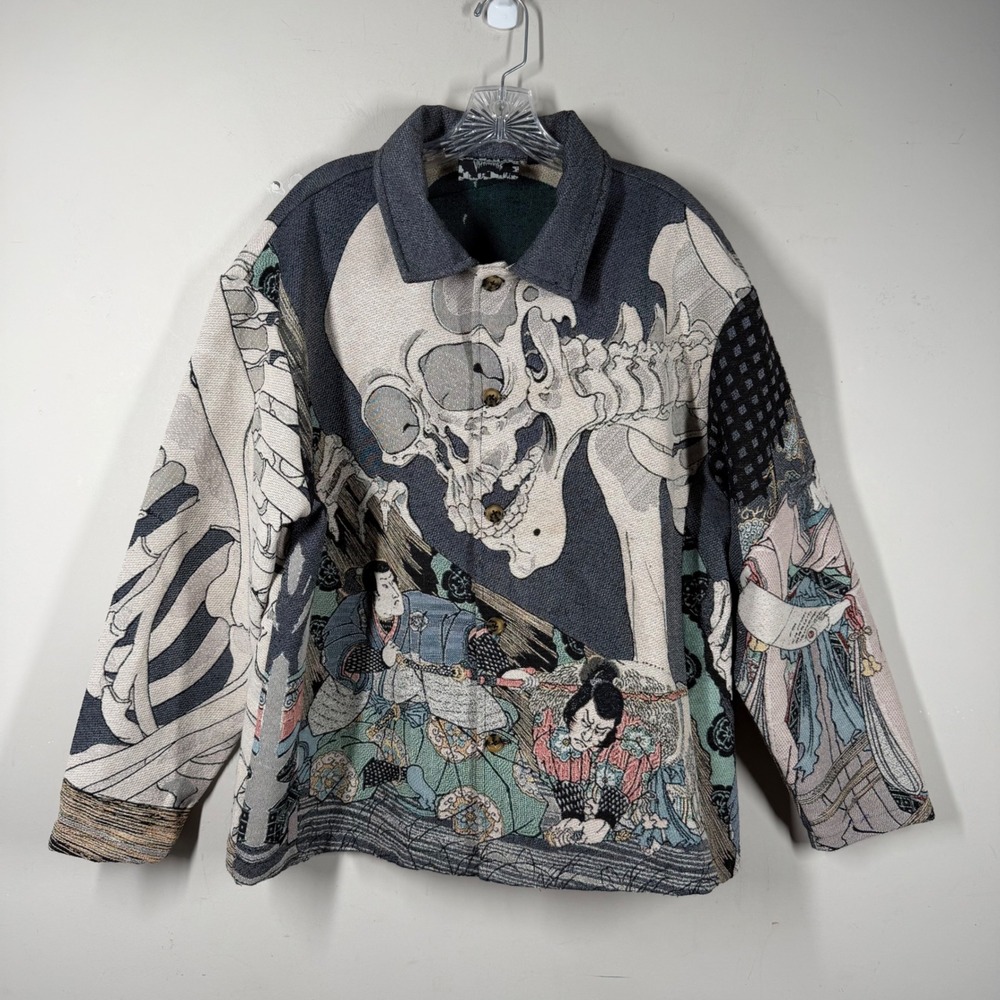 Rebel Vengeance Japanese Samurai Ukiyo-e Skull Tapestry Jacket Men M Streetwear